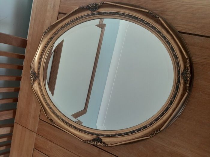 Vintage Ornate Gold Gilt Wood Oval Mirror. Bevelled Glass. 50cm x 60cm