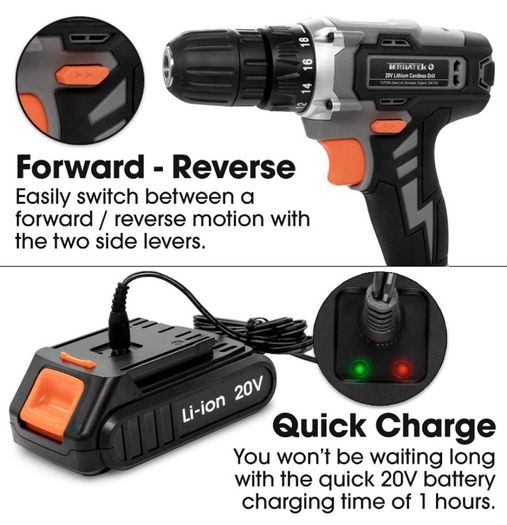13Pc Cordless Drill Driver 20V-Max Li-Ion Battery 1 Hour Fast charge, Electric Screwdriver, Accessory Kit, LED Work Light & Charger Included (FREE POSTAGE)