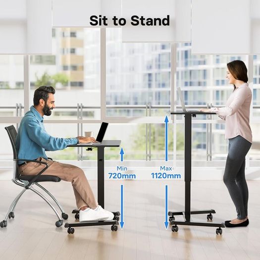 65x45 cm Mobile Standing Desk with 4 Rolling Castors Height Adjustable on Wheels Portable Stand Up Over-Bed Table for Living Room Bedroom Medical Use Ergonomic Space Saving