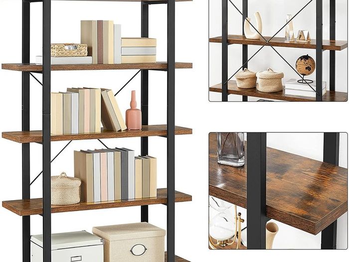 bookshelf, stable standing shelf with 5 shelf levels, living room shelf in industrial design, easy assembly, living room, bedroom, office, vintage brown-black