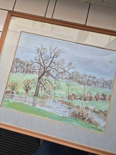 Tom Dunlop.Vintage watercolour by Tom Dunlop painting wood and glass framed