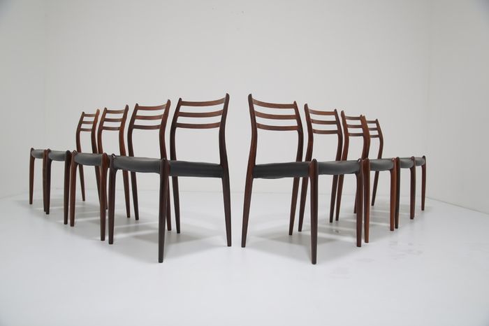 Vintage Set of 8 Rosewood and Leather Dining Chairs Model 78 by Niels Otto Moller, 1960s