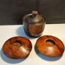 A pair of Burr Walnut tea light holders and burr lidded container Image 2