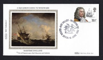 1982 Great Britain Benham Silke Cover showing A Squadron going to Windward tying 19 1/2p Admiral Blake and Triumph commemorative stamp