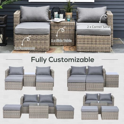 5 Pcs Rattan Garden Furniture Set w/ Tall Glass-Top Table Aluminium Frame Plastic Wicker Thick Soft Cushions Comfortable Outdoor Balcony Home Sofa - Brown