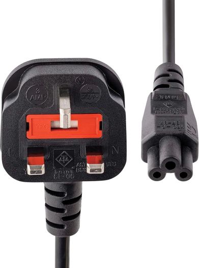 PXTNB3SUK1M 1m Laptop Power Cord - 3 Slot for UK - BS-1363 to C5 Clover Leaf Power Cable Lead, Black