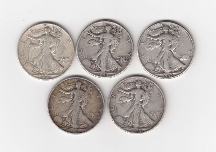 USA, 5 x Walking Liberty, Half Dollar, 90% silver coins (no. G25)