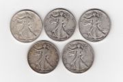 USA, 5 x Walking Liberty, Half Dollar, 90% silver coins (no. G25)
