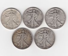 USA, 5 x Walking Liberty, Half Dollar, 90% silver coins (no. G25)
