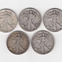 USA, 5 x Walking Liberty, Half Dollar, 90% silver coins (no. G25)