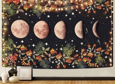 Moonlit Garden Tapestry, Moon Phase Tapestries Flower Vine Tapestry Black Background Floral Tapestry Wall Hanging for Room (MULTIPLE SIZES)