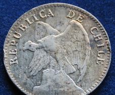 Chile 1907 Silver Antique 20 centavos coin South America Condor