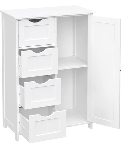 Bathroom Floor Storage Cabinet, Wooden Storage Unit with 4 Drawers, Single Door, Adjustable Shelf, for Living Room, Kitchen, Entryway, White (FREE POSTAGE)