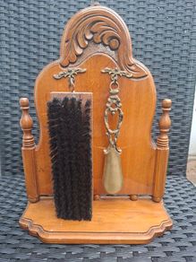 Rare Antique Carved wood/Brass Shoe Horn & Brush Stand Set