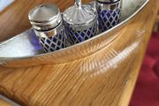 Boat sheaped holder of Cobalt Blue Glass Vintage Condiment / cruet Set Silver Plated Tableware, Made in England