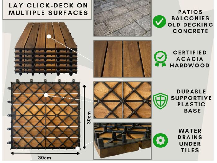 CLICK-DECK Hardwood Decking Tiles | Patio, Balcony, Concrete, Hot Tub Deck Tiles | 30x30cm Square