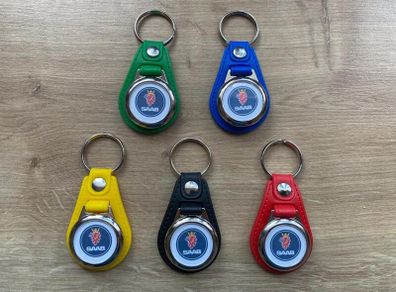 Brand new synthetic leather Saab key ring with shopping trolley token/coin