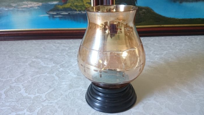 Vintage Etched Amber Glass Hurricane Lamp With Black Base Stand