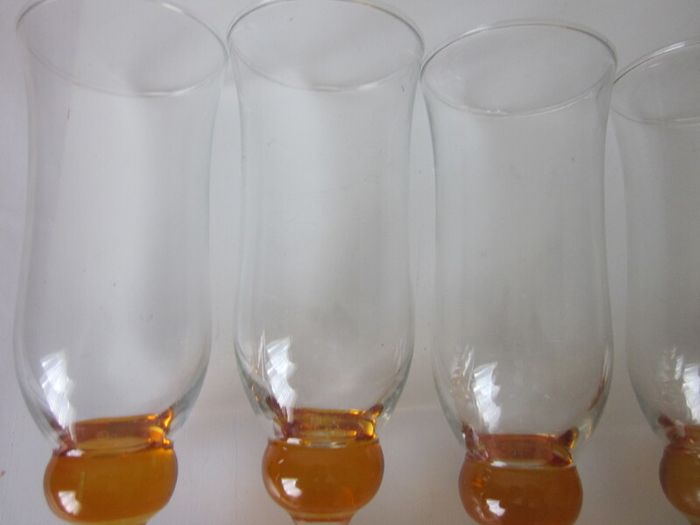 Set of 6 Vintage Amber Bubble Stem Champagne Glass Flutes 18.5cm