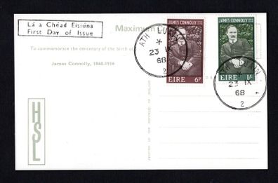 1968 Ireland Centenary of the Birth of James Connolly Commemorative Stamps Hibernian Postcard First Day Cover (FDC) with Ath Luain (Athlone) cancel