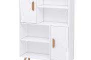 Sideboard Bookshelf Free Standing Bookcase Shelves Unit Display Storage Cabinet w/ Adjustable Shelves, Wooden Leg, Two Doors, White