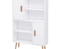 Sideboard Bookshelf Free Standing Bookcase Shelves Unit Display Storage Cabinet w/ Adjustable Shelves, Wooden Leg, Two Doors, White