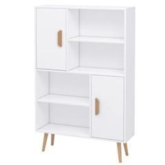 Sideboard Bookshelf Free Standing Bookcase Shelves Unit Display Storage Cabinet w/ Adjustable Shelves, Wooden Leg, Two Doors, White