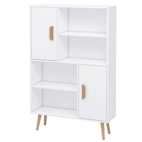 Sideboard Bookshelf Free Standing Bookcase Shelves Unit Display Storage Cabinet w/ Adjustable Shelves, Wooden Leg, Two Doors, White