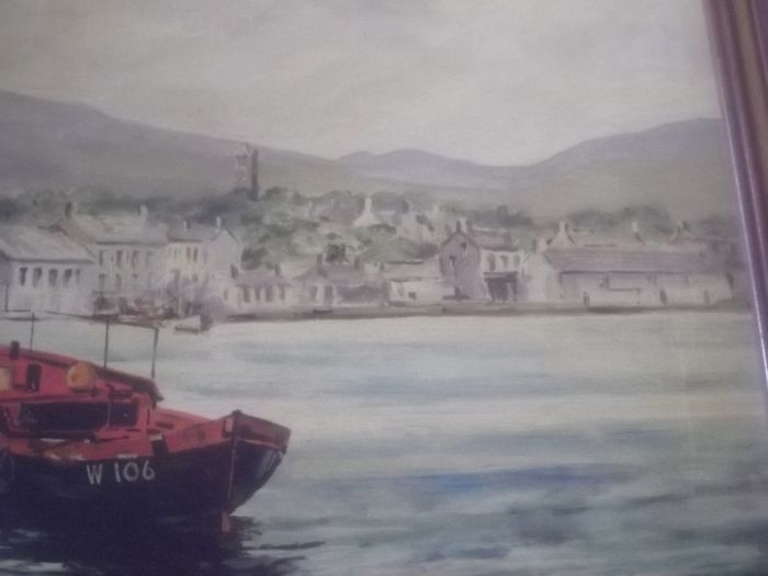 a oil painting picture on board of a harbour sceen by ken donfield