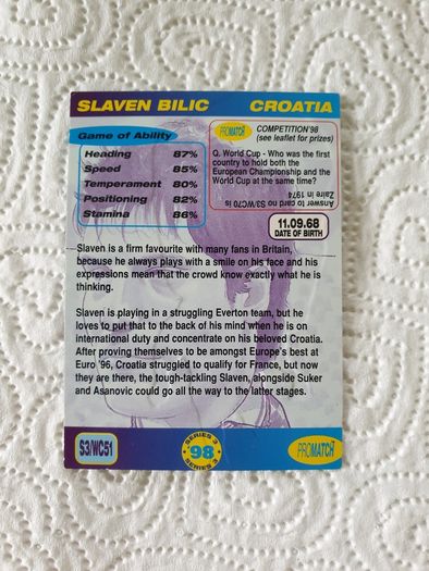 Slaven Bilic Everton and Croatia Trading Card 1998 to 1999