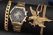 3PCS Set Luxury Fashion Mens Watches Men Business Quartz Watch Male Casual Necklace Bracelet Wristwatch