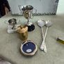 5 diffierent items- Service spon and fork silver plated 20.00 euro. Vintage,  silver plated, collection frame,, excellent condition. 12.00 euro. Brass Gold Tone Metal Round Made in India-7.5cm-Vintage Trinket/Jewellery Box keepsake box, jewelry box, trink Image 4