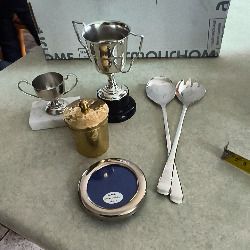 5 diffierent items- Service spon and fork silver plated 20.00 euro. Vintage,  silver plated, collection frame,, excellent condition. 12.00 euro. Brass Gold Tone Metal Round Made in India-7.5cm-Vintage Trinket/Jewellery Box keepsake box, jewelry box, trink