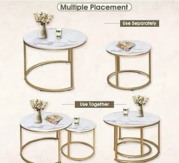 Removable Set of 2 End Table, Nesting Tables with Gold Metal Frame Legs and Marble White Top for Living Room, Bedroom, Office, Balcony, Apartment (White