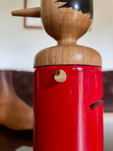 Vintage Tall Wooden Pinocchio Coin Bank with Lock and Keys Red Hand Painted Italy 29 cm