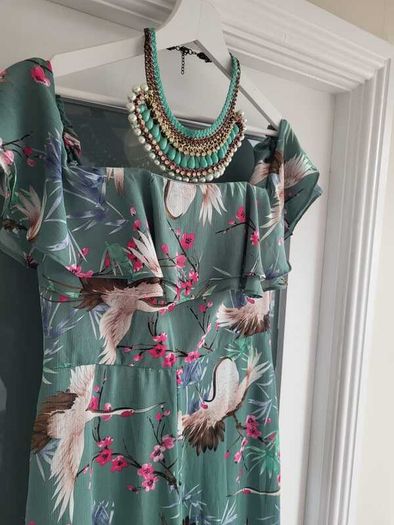 FOREVER UNIQUE green birds wide leg bardot jumpsuit Sz 12 - Rrp 249 (New)