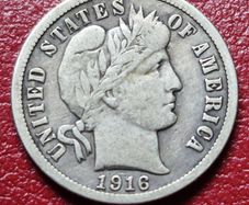 Usa 1 Barber Dime 10 Cents 1916 Philadelphia Silver