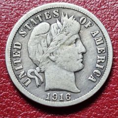 Usa 1 Barber Dime 10 Cents 1916 Philadelphia Silver