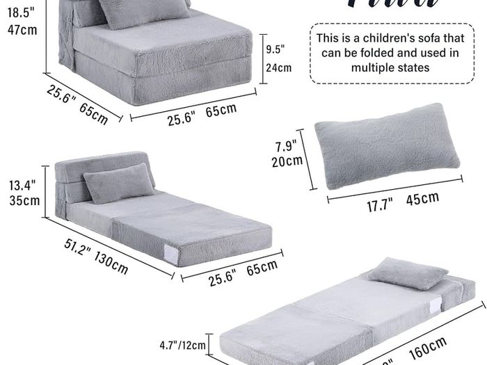 Convertible Folding Kids Sofa Bed with Pillow & Storage Bag, Plush Fabric Floor Mattress Couch Bed, Washable Cover, Kids Room, Playroom, Dorm, Apartment, White Grey