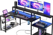 181CM L-Shaped Gaming Desk with RGB LED Lights, Power Outlets, USB Ports, Carbon Fibre Surface