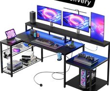 181CM L-Shaped Gaming Desk with RGB LED Lights, Power Outlets, USB Ports, Carbon Fibre Surface