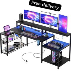 181CM L-Shaped Gaming Desk with RGB LED Lights, Power Outlets, USB Ports, Carbon Fibre Surface