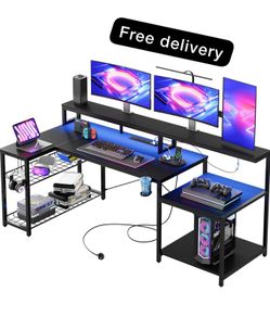 181CM L-Shaped Gaming Desk with RGB LED Lights, Power Outlets, USB Ports, Carbon Fibre Surface