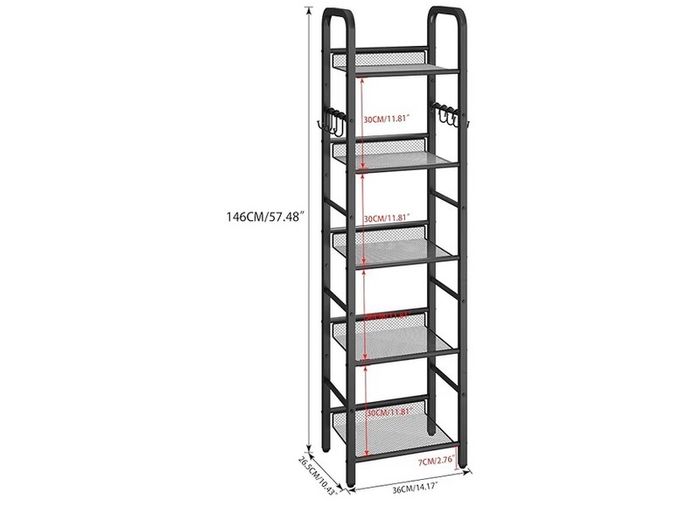 4-Tier Storage Shelf, Metal Shelving Unit, 8Pcs S Hooks, Modern Style, 36 x 27 x 146 cm, Corner Shelf, Display Units for Living Room, Bedroom, Office, Black