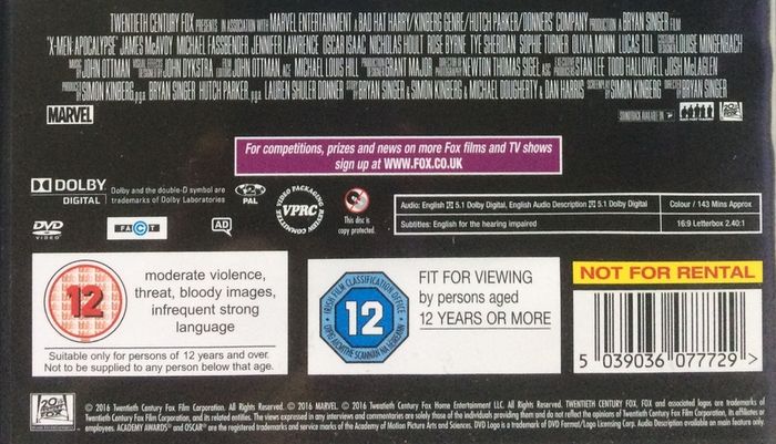X-Men: Apocalypse (Marvel) [2016] James McAvoy, Michael Fassbender, Jennifer Lawrence, Oscar Isaac, Nicholas Hoult, Rose Byrne, Tye Sheridan, Sophie Turner, Olivia Munn & Lucas Till  [Movie DVD]
