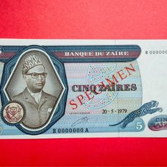 Zaire. 5 Zaires   1979  ( Specimen ) B0000000A  PICK 22AS  ( Uncirculated)