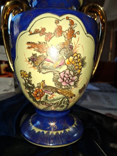 Vintage Twin Handled Japanese Cobalt Blue & Gold Lidded Urn or Amphora Vase, Postage available or Collection
