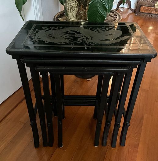 Vintage Oriental Set of 4 Black Lacquered Nest of Tables