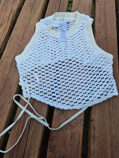 Bershka White Crochet Tie Top, Size UK8