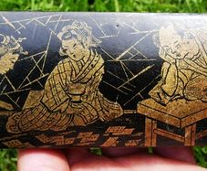 Vintage Japanese Oriental Wooden Lacquer Box Hand Painted Lidded Lid Rectangle